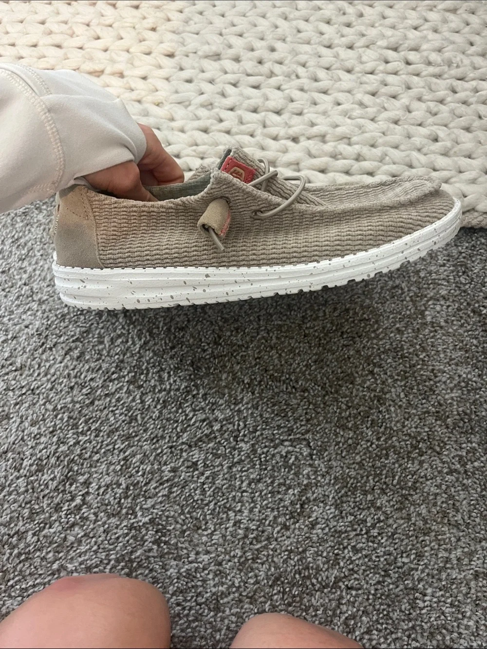 Hey Dude Tan Knit Slip-On Sneakers with Subtle Red Accents-worn only 2 times